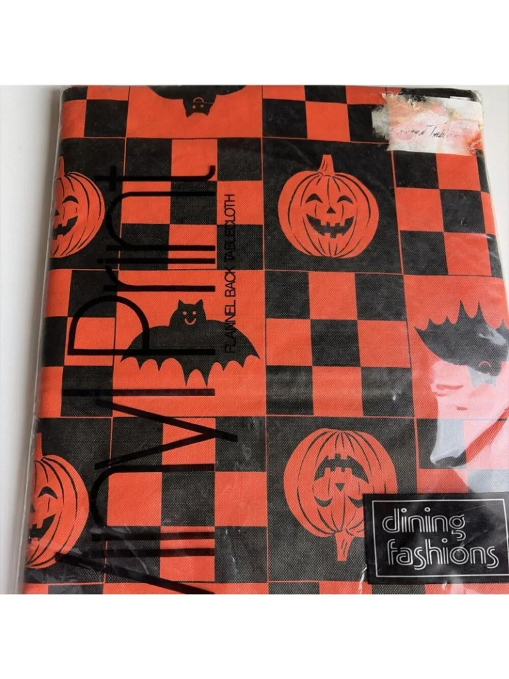 Vintage Halloween Flannel Backed Vinyl Tablecloth Pumpkins Bats Rectangle 52x70”